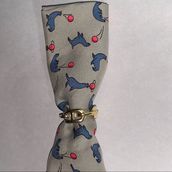HERMÈS gray silk gavroche scarf  with playful blue seals with red ball motif - Picture 3 of 8